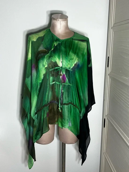 Roberto Cavalli Green Watercolor Green Silk Batwing Women’s Blouse Top Sz One Sz - Picture 7 of 16